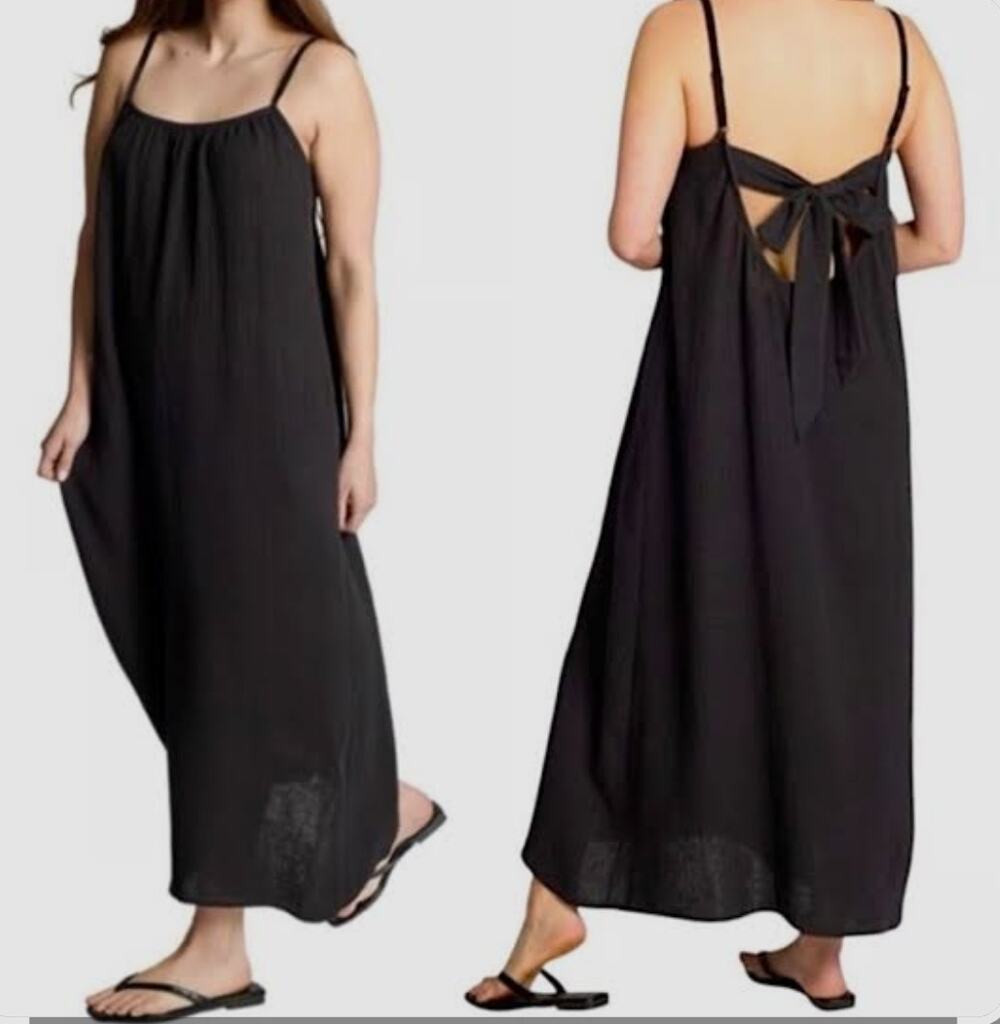Sol Angeles Gauzy Maxi Dress Sz M/L Black Oversized Pockets Flowy Beach